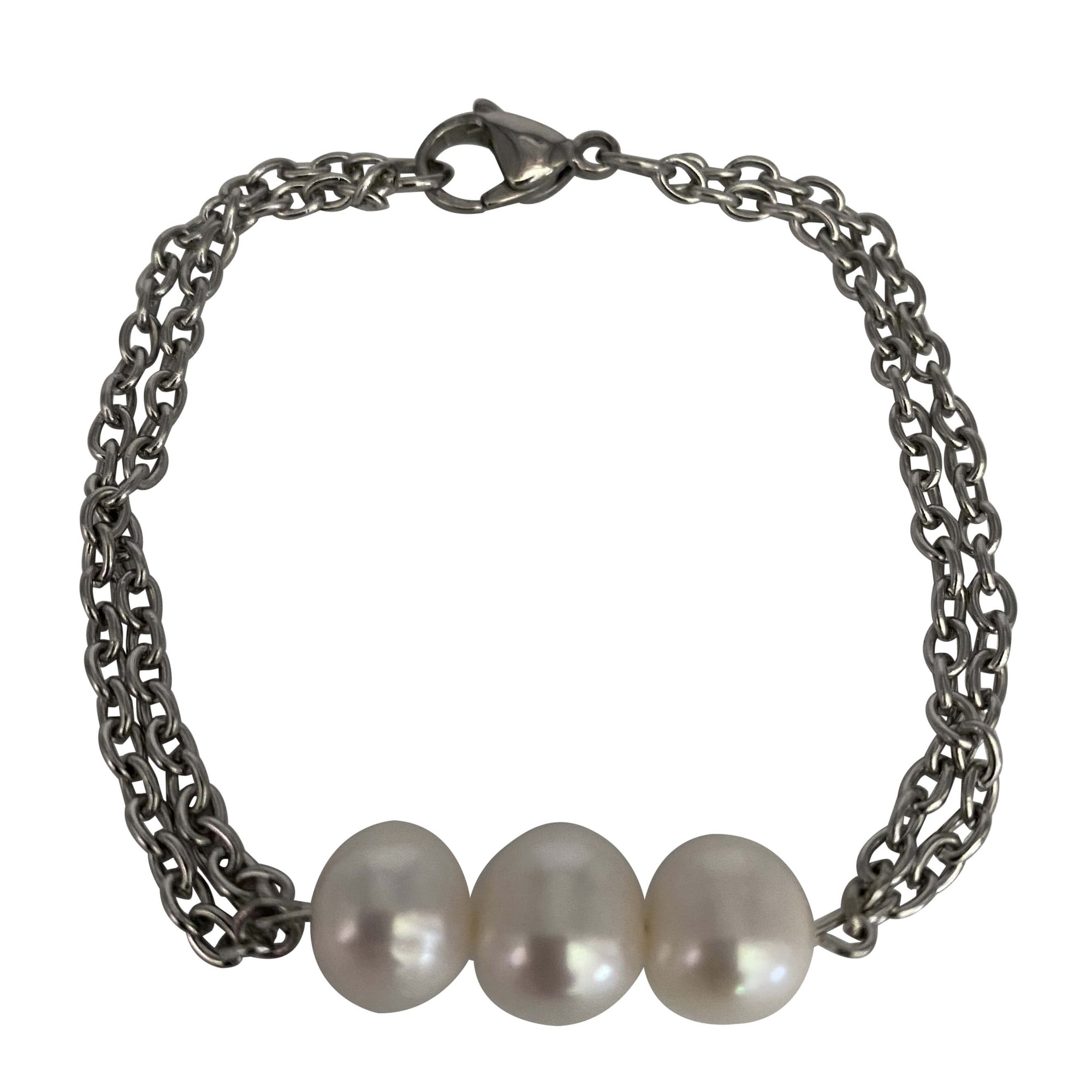 Three Freshwater Pearls Stainless Steel Chain Bracelet with Lobster Clasp-Bracelets- Creative Jewelry by Marcia