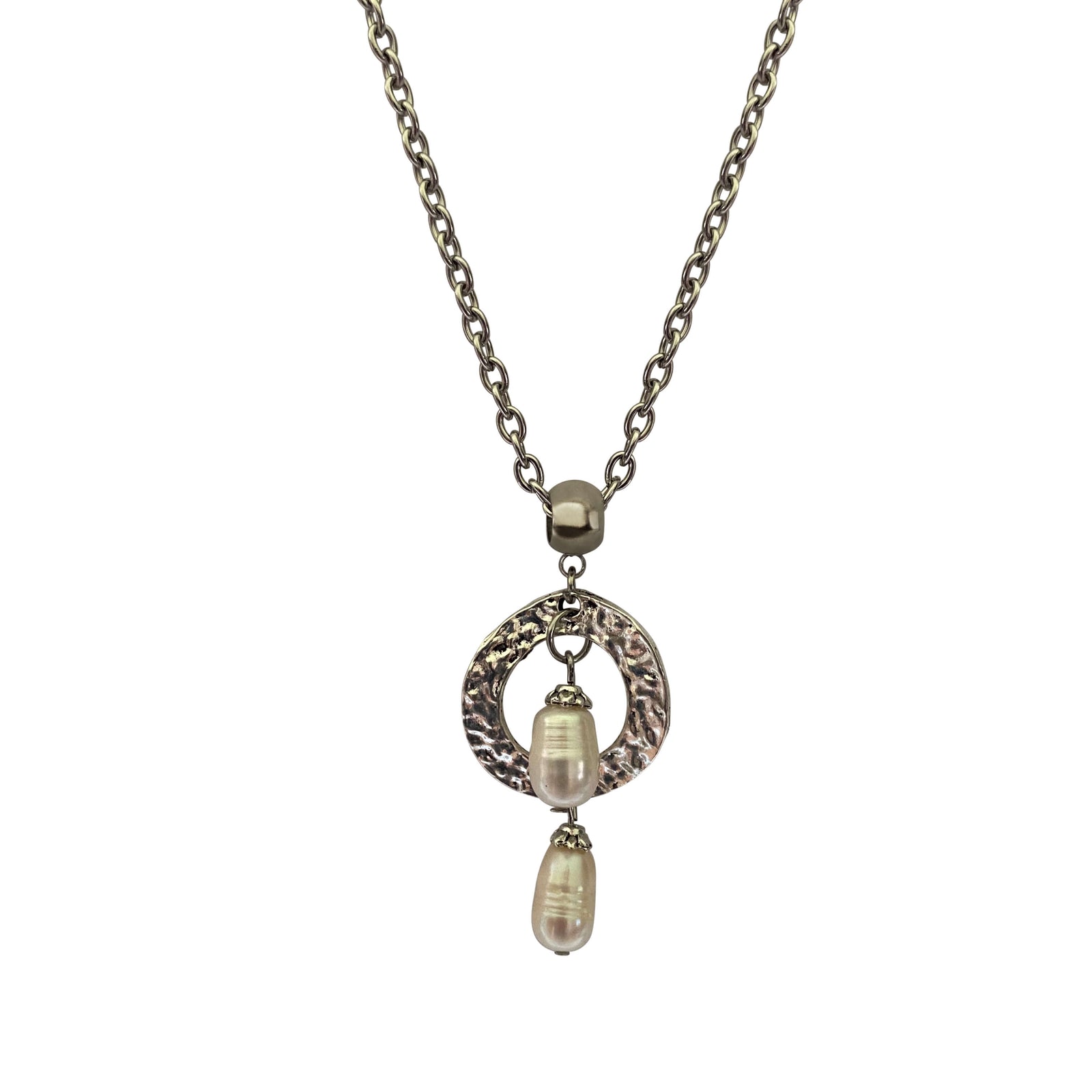 Baroque Pearls Pendant Necklace with Silver Hammered Ring-Necklaces- Creative Jewelry by Marcia