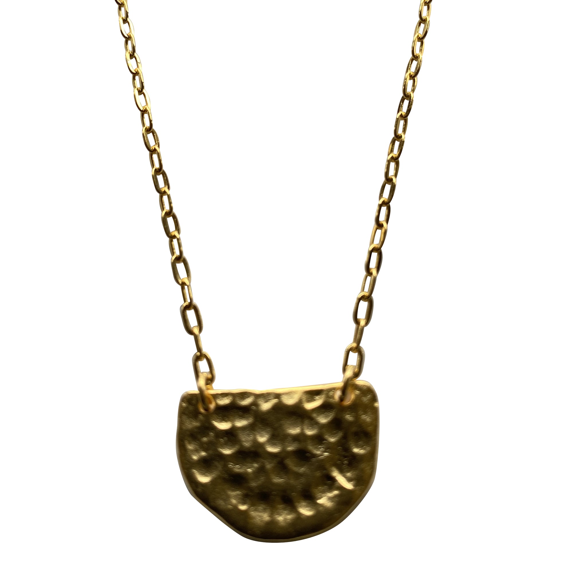 Gold Chain Necklace with Hammered Half Circle Pendant