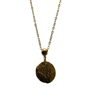 Round Hammered Gold Pendant Necklace with Gold Link Chain