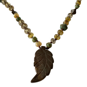 Hand Knotted Czech Table Cut Faceted Beaded Necklace with Leaf Pendant-Necklaces- Creative Jewelry by Marcia