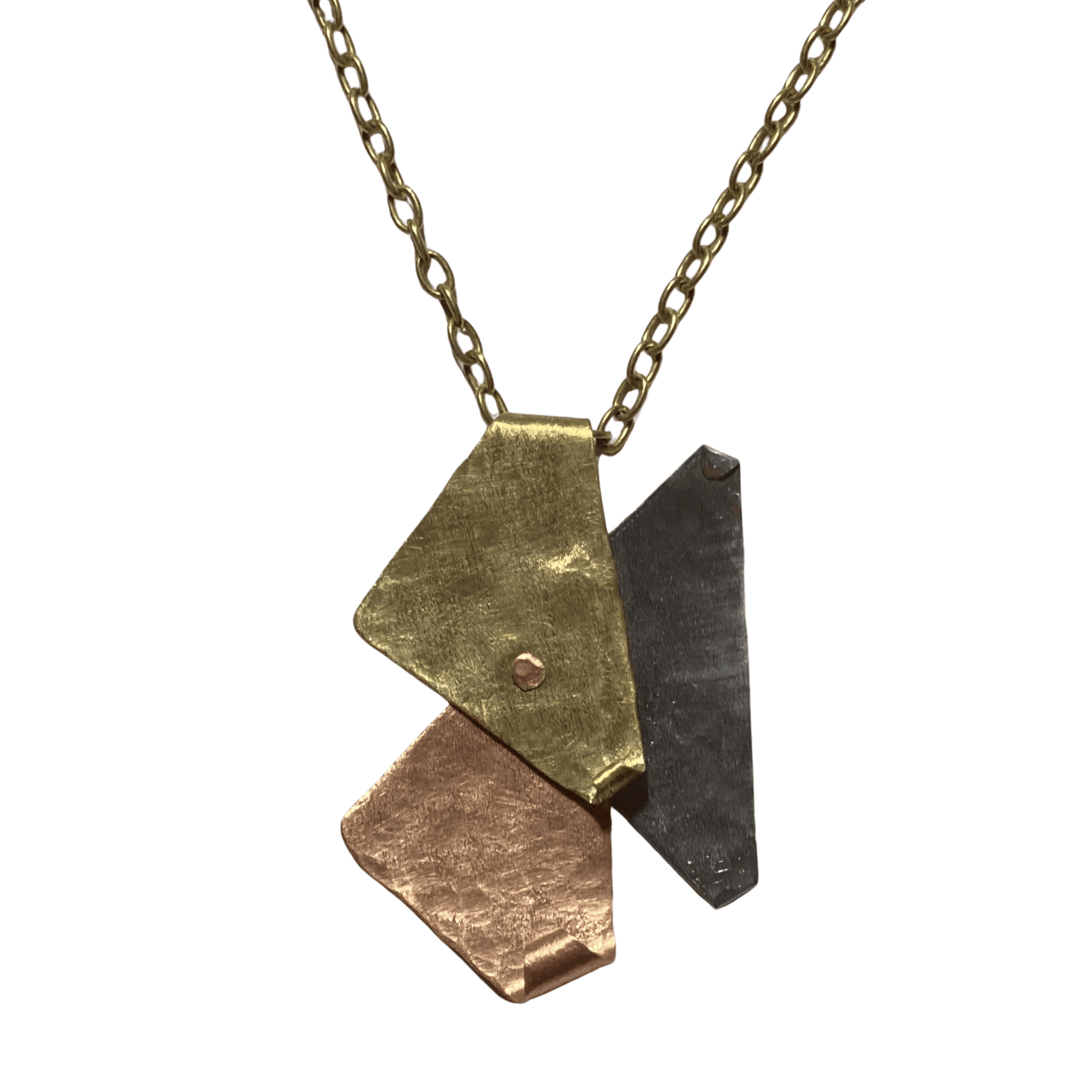 Handcrafted, Geometric Design, Riveted Brass, Copper Silver Pendant Necklace with Brass Chain and Toggle Clasp. This is a truly one-of-a-kind, unique necklace.
