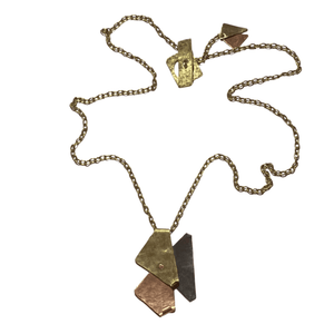 Handcrafted, Geometric Design, Riveted Brass, Copper Silver Pendant Necklace with Brass Chain and Toggle Clasp. This is a truly one-of-a-kind, unique necklace.
