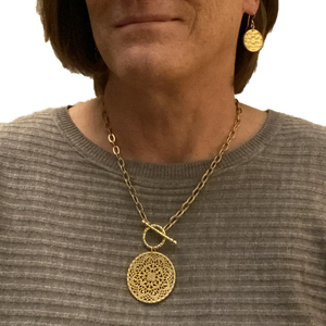 Brass Toggle Necklace with Brass Filigree Pendant - Creative Jewelry by Marcia - Asymmetrical Jewelry - Timeless Jewelry