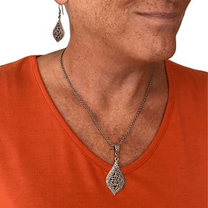 Silver Filigree Pendant Necklace with Stainless Steel Chain-Necklaces- Creative Jewelry by Marcia