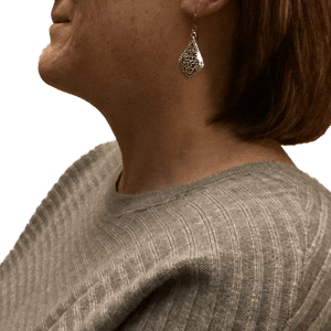 Silver Pewter Long Filigree Earrings for Sensitive Ears - Creative Jewelry by Marcia - Asymmetrical Jewelry - Timeless Jewelry