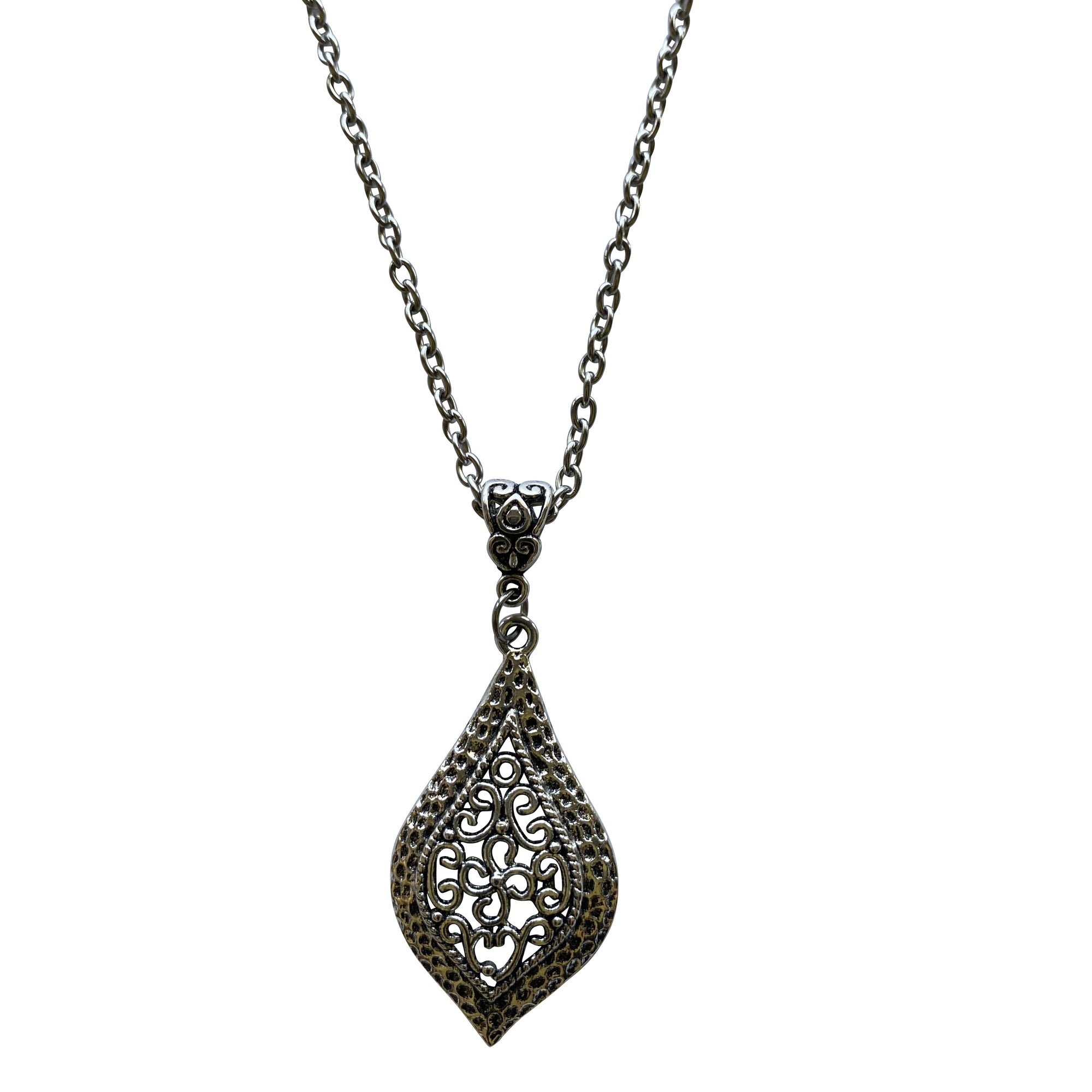 Silver Filigree Pendant Necklace with Stainless Steel Chain