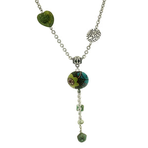 Golem Round Pendant Necklace with Teal and Green and Silver Beads-Necklaces- Creative Jewelry by Marcia