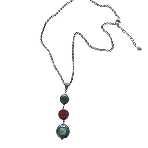 Teal and Red Tibetan Beads Pendant Necklace with Lobster Clasp- Creative Jewelry by Marcia