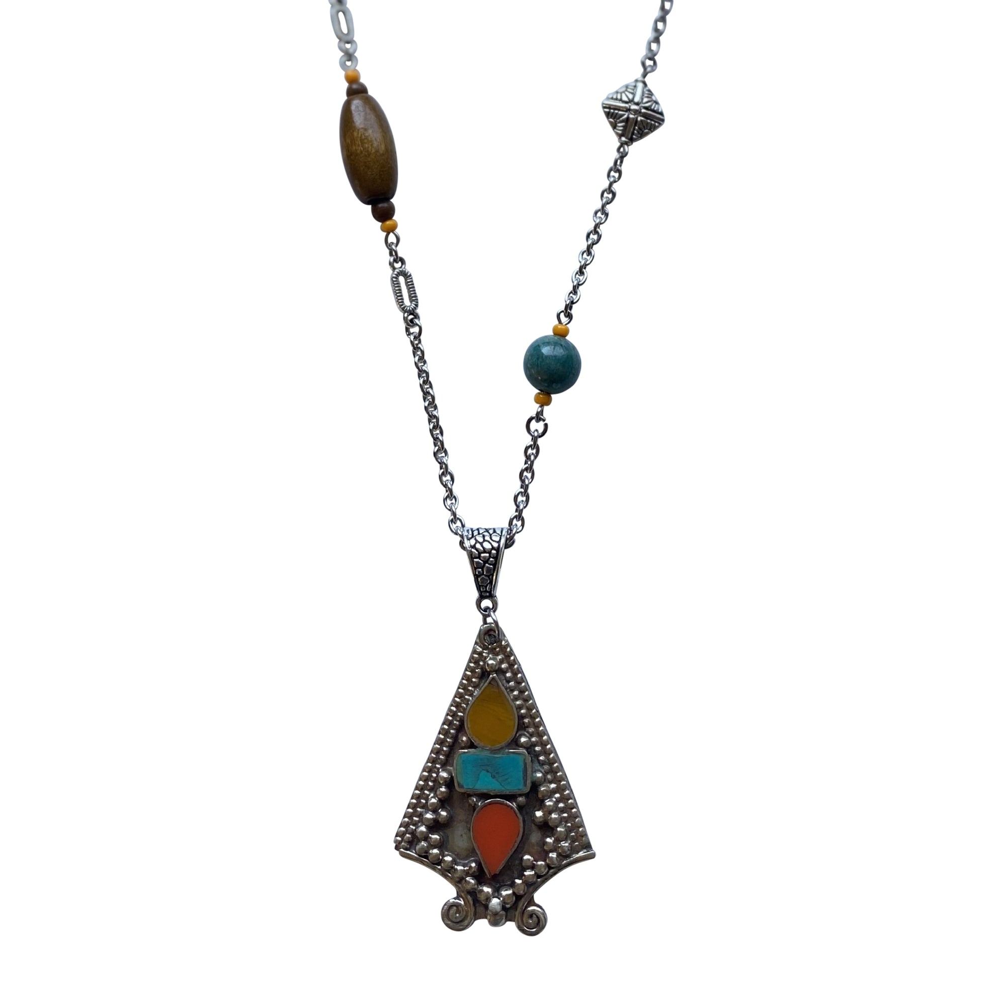 Tibetan Silver Coral and Turquoise Pendant Necklace with Wood Beads- Creative Jewelry by Marcia
