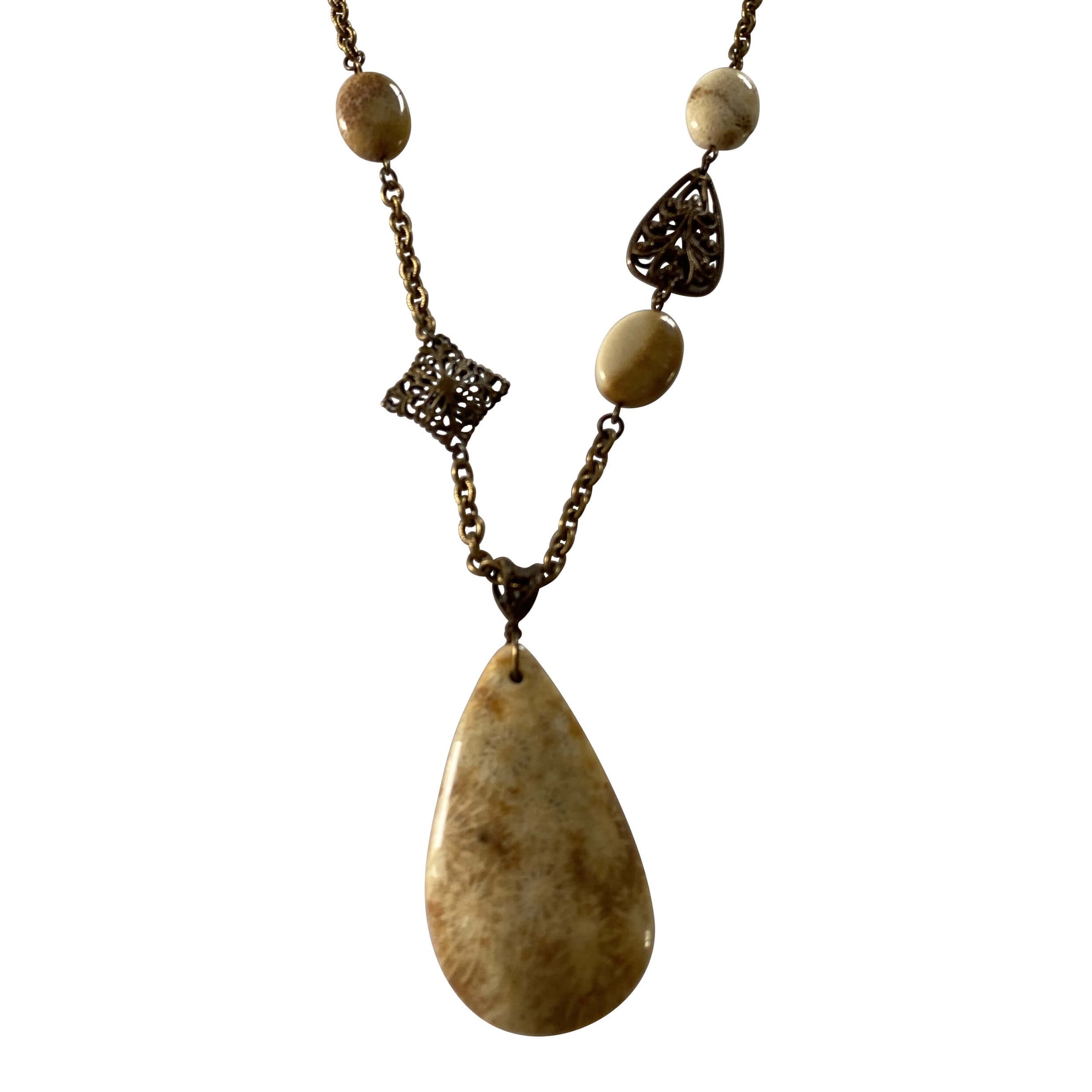 Vintaj Brass Chain and Fossil Coral Stone Pendant Necklace with Toggle Clasp-Necklaces- Creative Jewelry by Marcia