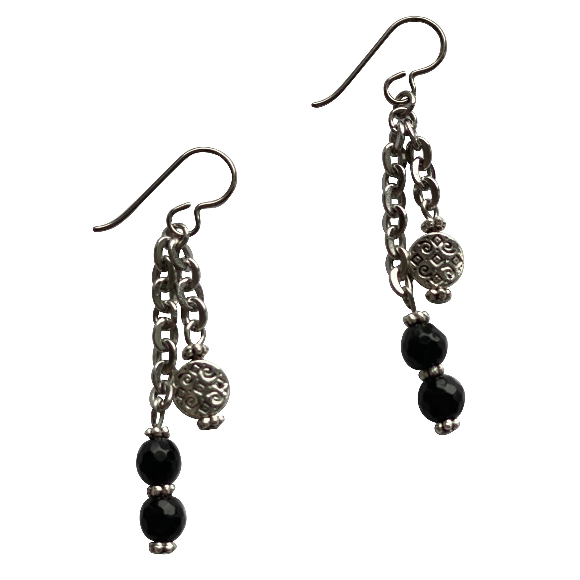 Black Onyx Earrings with Stainless Steel Chain