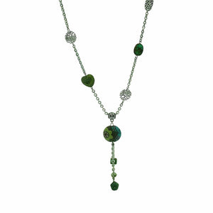 Golem Round Pendant Necklace with Teal and Green and Silver Beads-Necklaces- Creative Jewelry by Marcia