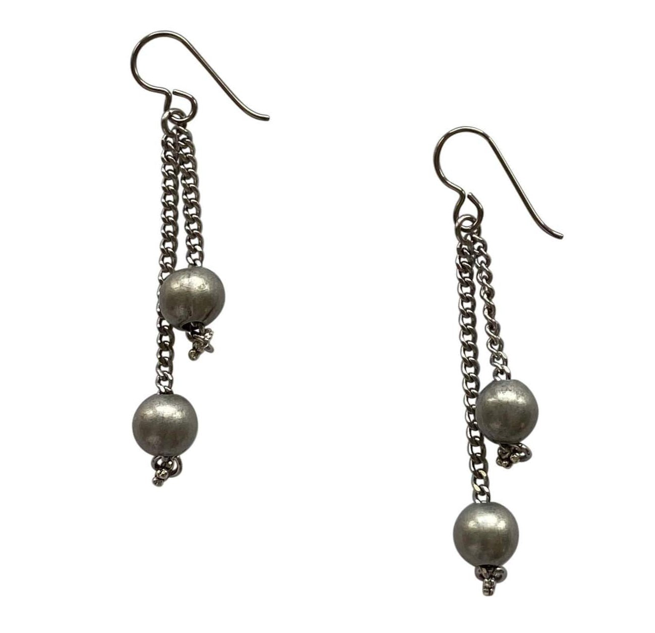 Silver Steel Round Bead and Chain Earrings with Niobium Ear Wires for Sensitive Ears-Earrings- Creative Jewelry by Marcia
