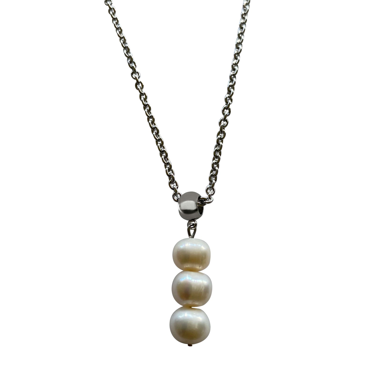Three Freshwater Pearl Drop Pearl Necklace with Stainless Steel Silver Chain-Necklaces- Creative Jewelry by Marcia