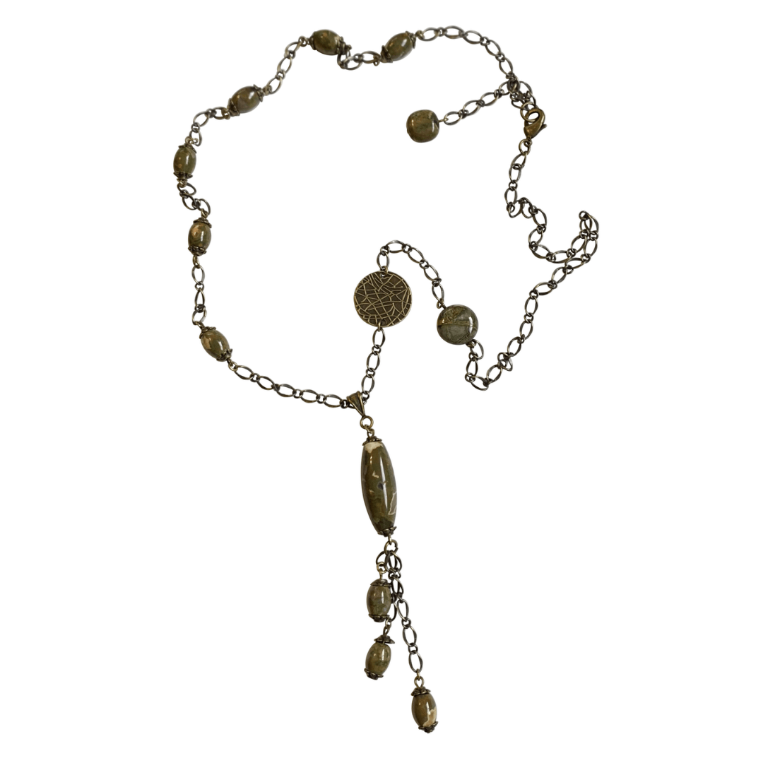 Rhyolite Brass Chain Link Long Pendant Necklace with Lobster Clasp-Necklaces- Creative Jewelry by Marcia